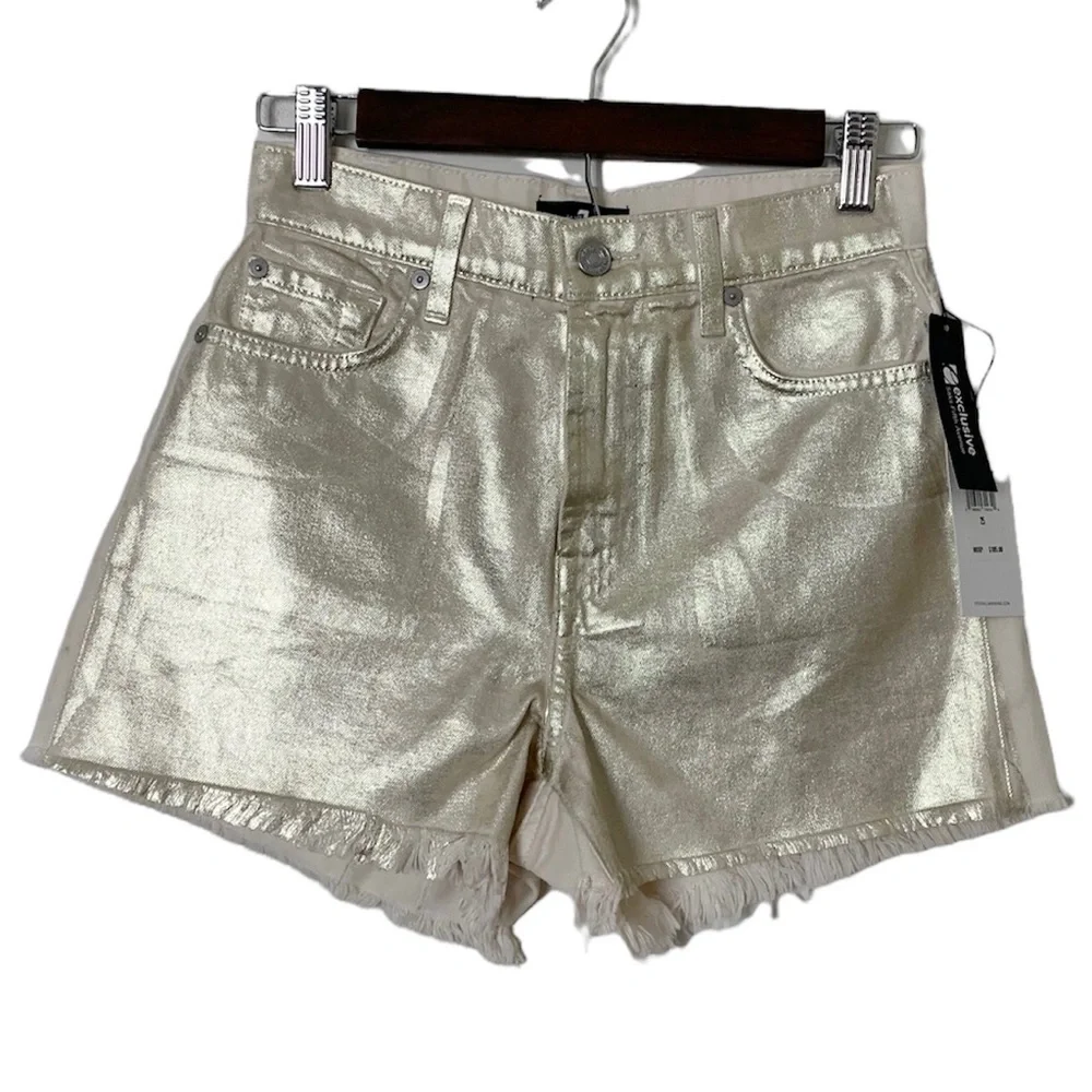 7 For All‎ Mankind High Waist Gold Metallic Cream Shorts Size 25
